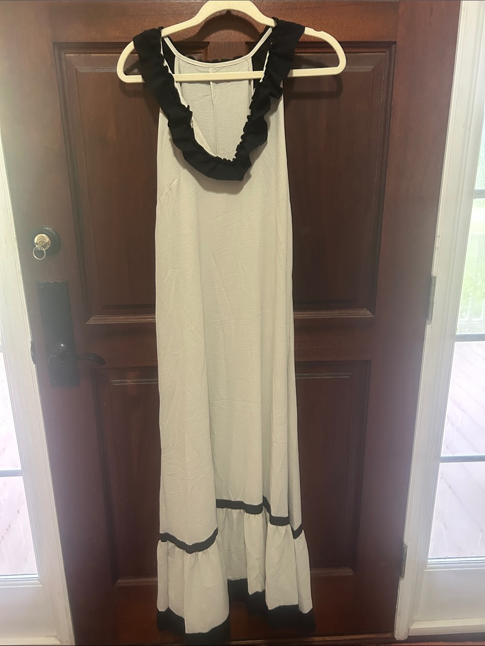Sleeveless Cream Maxi Dress with Black Ruffle Trim